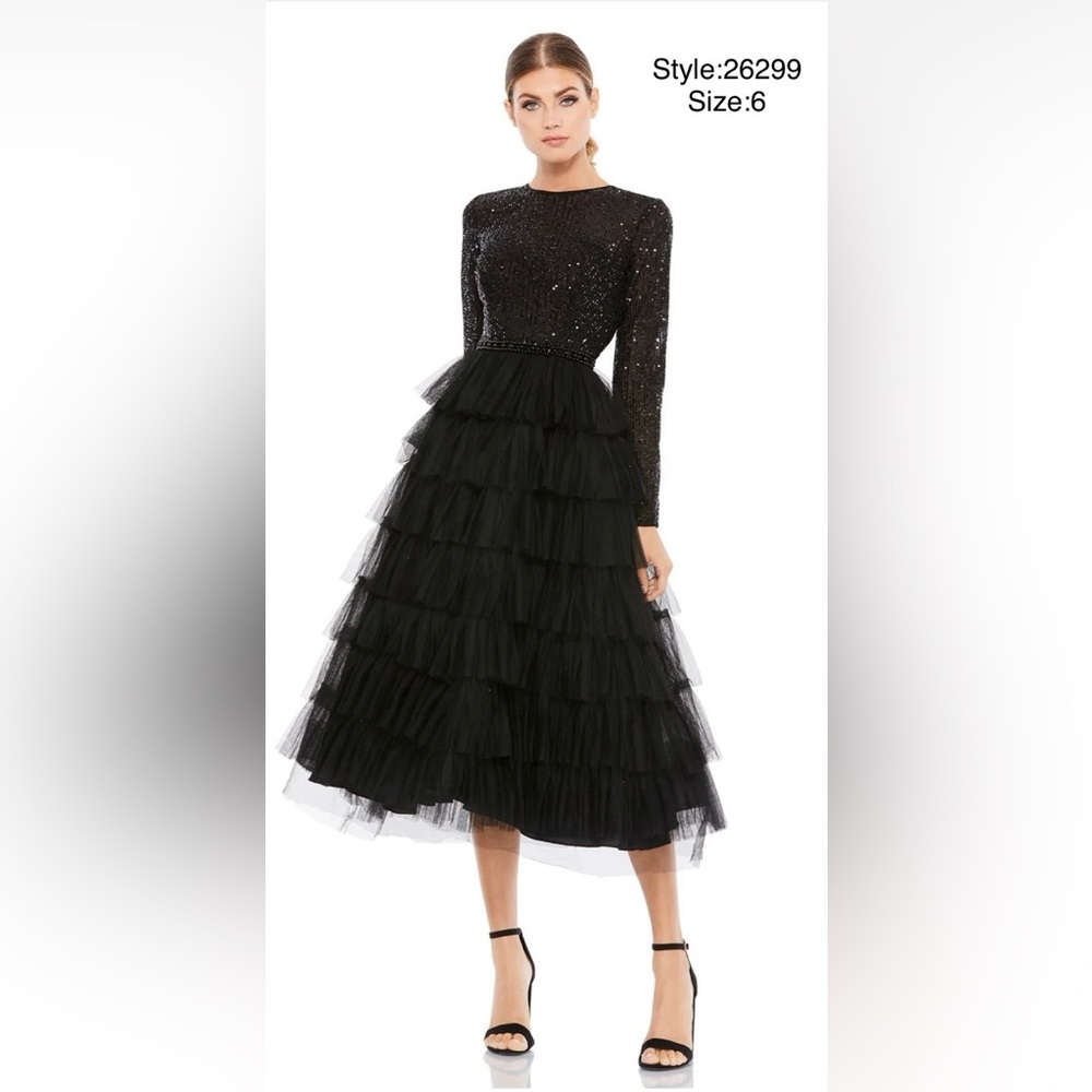 Black sequined layered tulle A-line cocktail dress